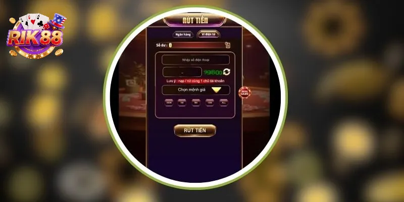 Giao diện rút tiền về ngân hàng Rik88