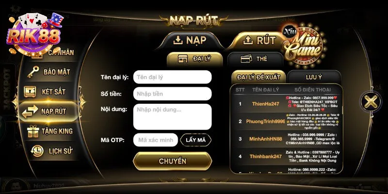 Giao diện rút tiền qua ví điện tử Rik88